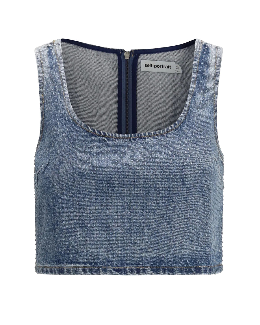 Denim Crop Top With Crystals Blue