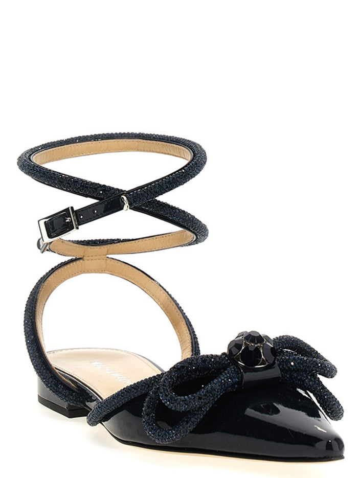 Double Bow ballet flats Blue Calfskin Leather Flat Shoes