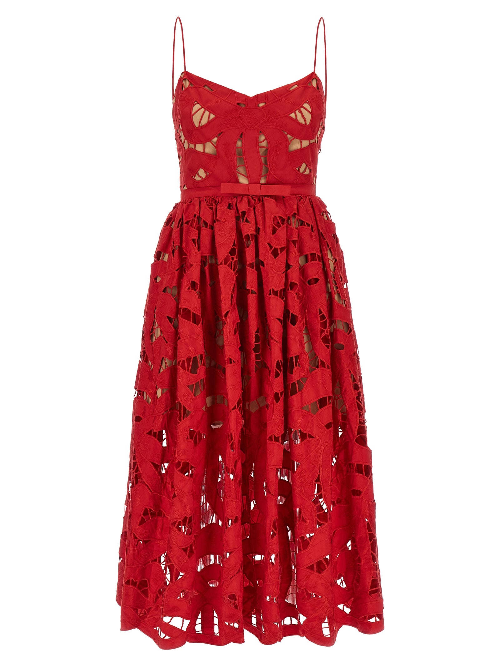 Red Bow Embroidered Midi dress Linen