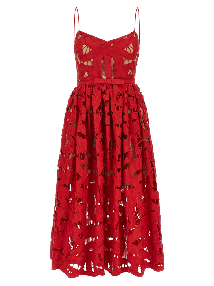 Red Bow Embroidered Midi dress Linen