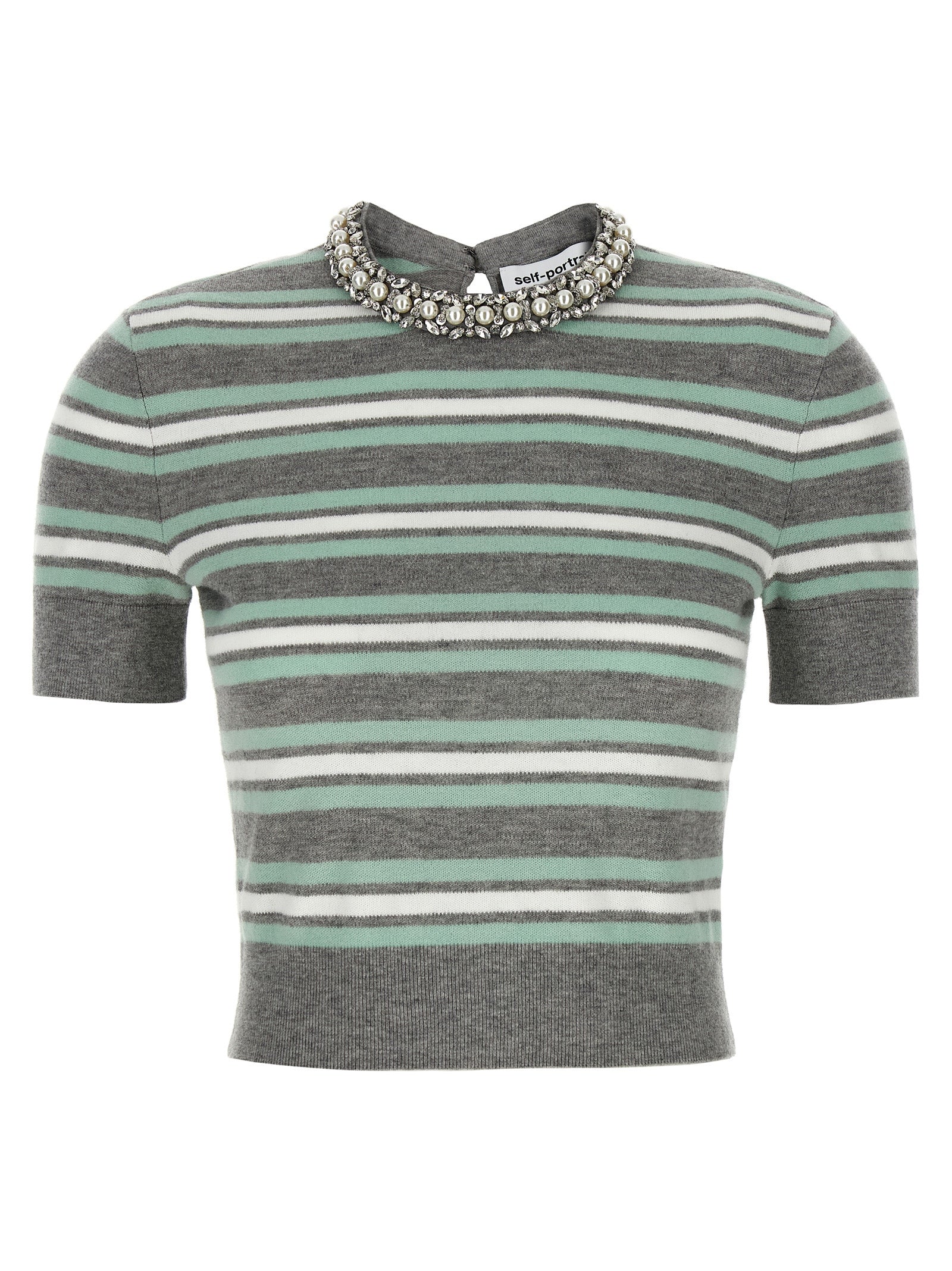 Grey Striped Crystal Trim Knit sweater Gray Wool Cotton Cachemire Sweater, Cardigans