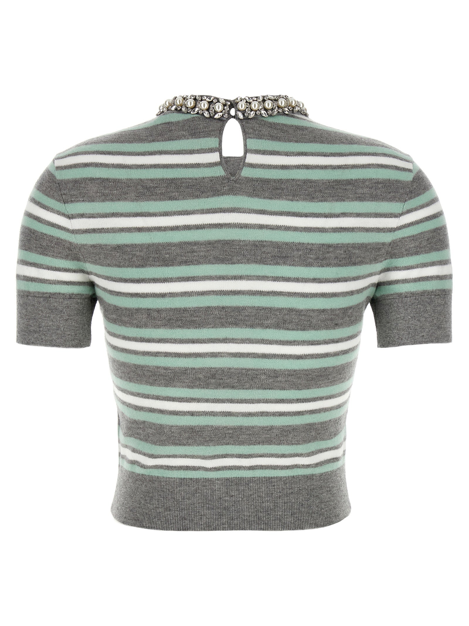 Grey Striped Crystal Trim Knit sweater Gray Wool Cotton Cachemire Sweater, Cardigans