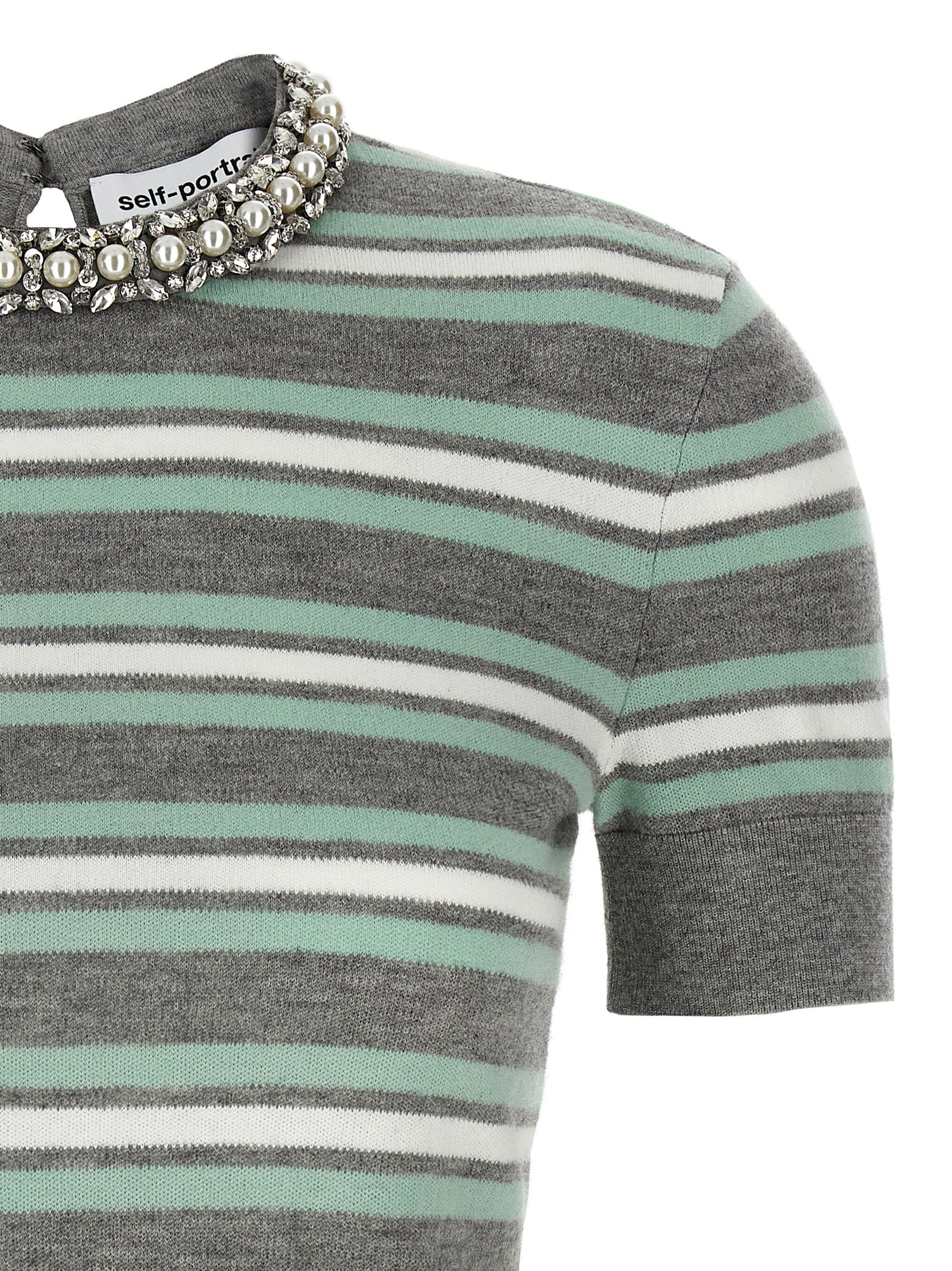 Grey Striped Crystal Trim Knit sweater Gray Wool Cotton Cachemire Sweater, Cardigans