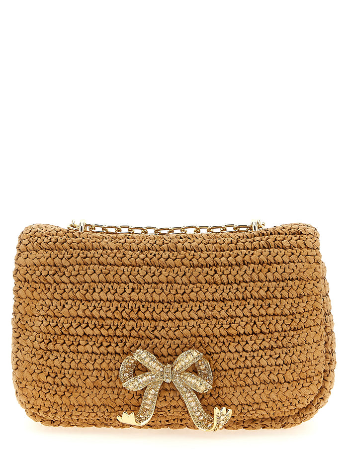 Raffia bow charm shoulder bag Beige