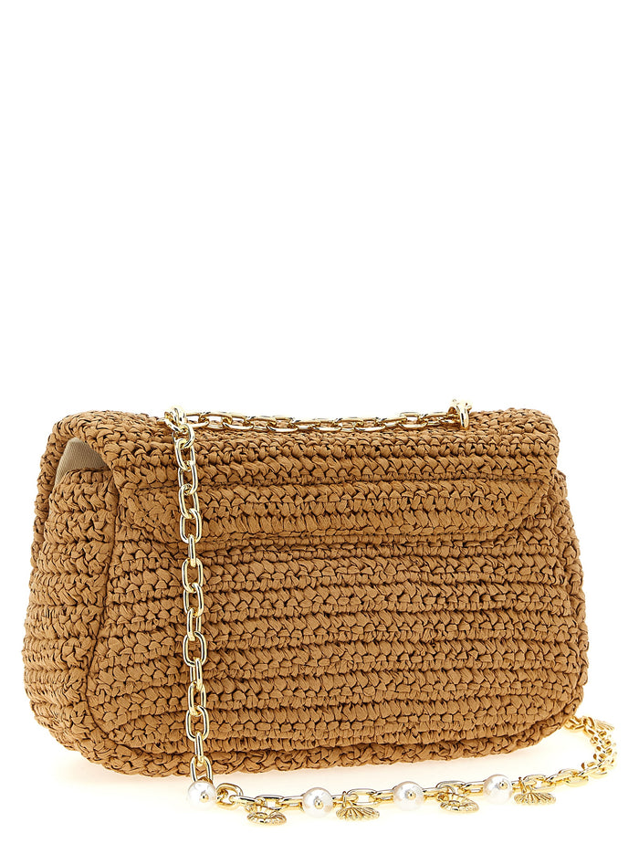 Raffia bow charm shoulder bag Beige