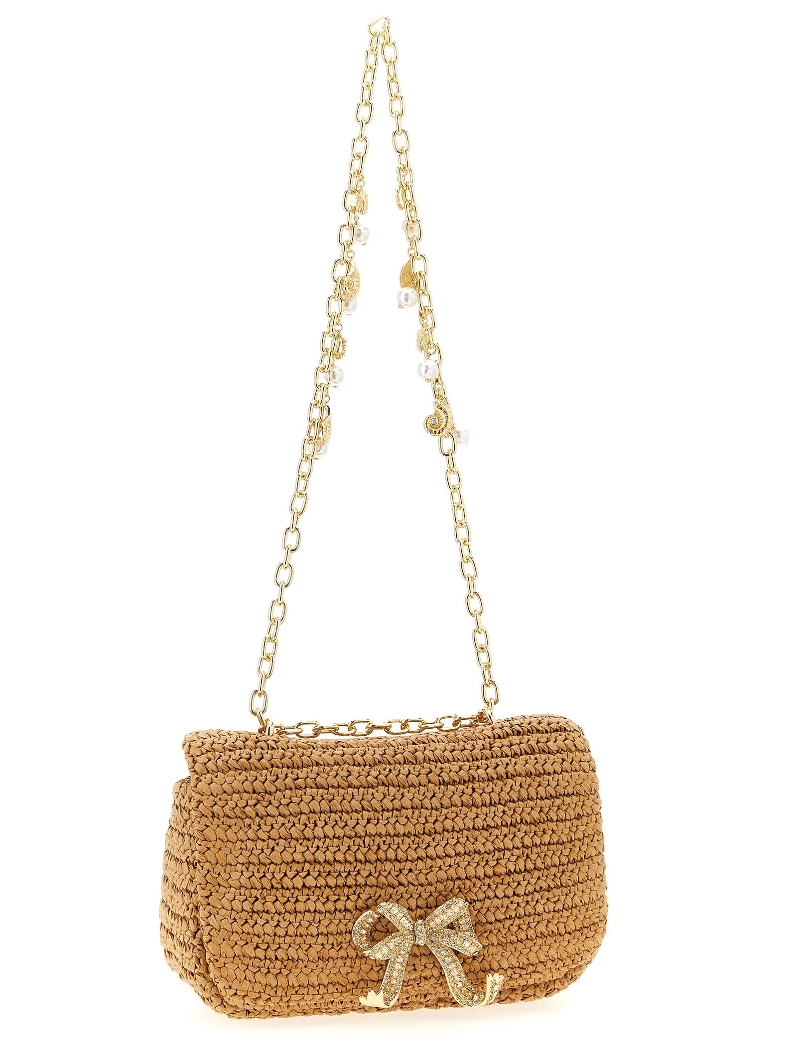 Raffia bow charm shoulder bag Beige