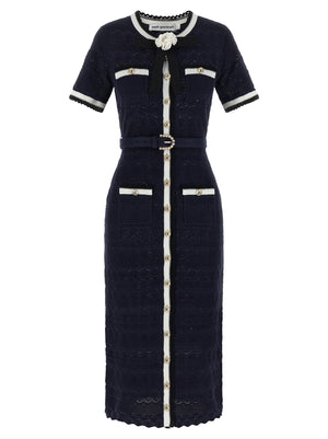 Self-Portrait Navy Pointelle Knit Midi Dress
