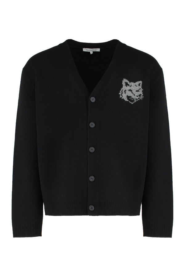 Merino Wool Cardigan With Fox Head Intarsia Black Cardigans