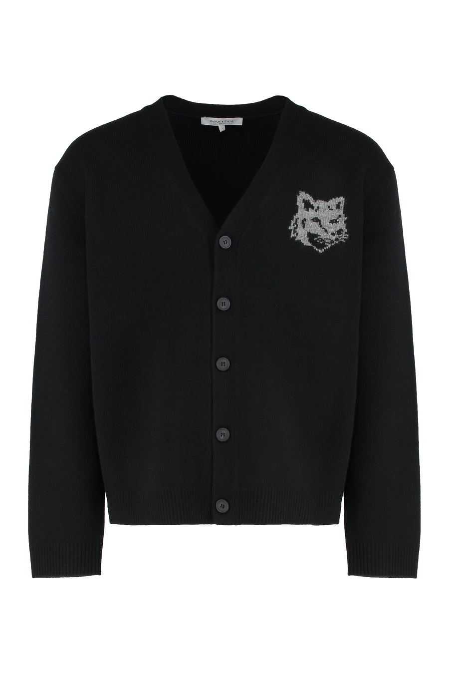 Merino Wool Cardigan With Fox Head Intarsia Black Cardigans