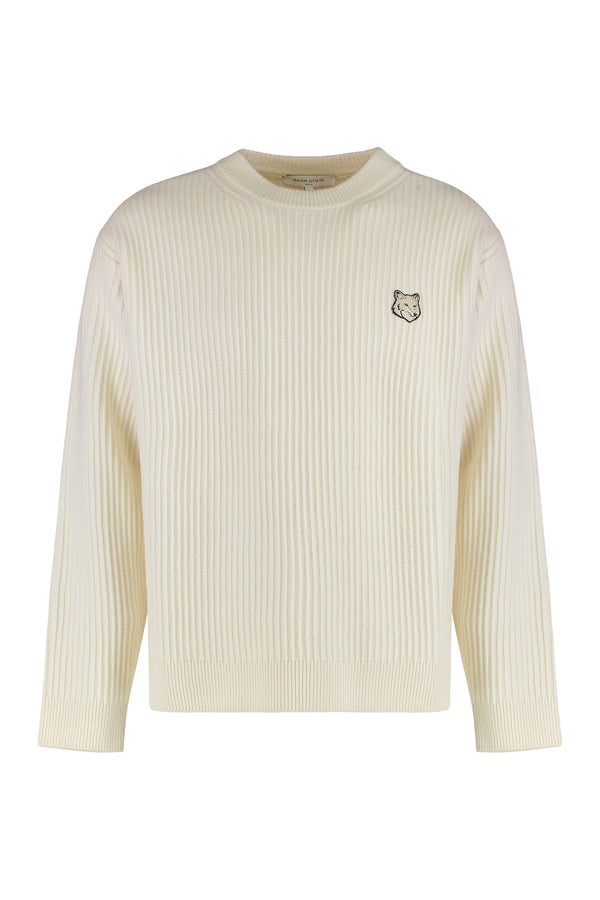 Ribbed Wool Sweater With Fox Patch Ecru Sweatshirts