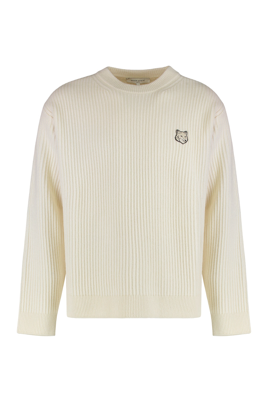 Ribbed Wool Sweater With Fox Patch Ecru Sweatshirts