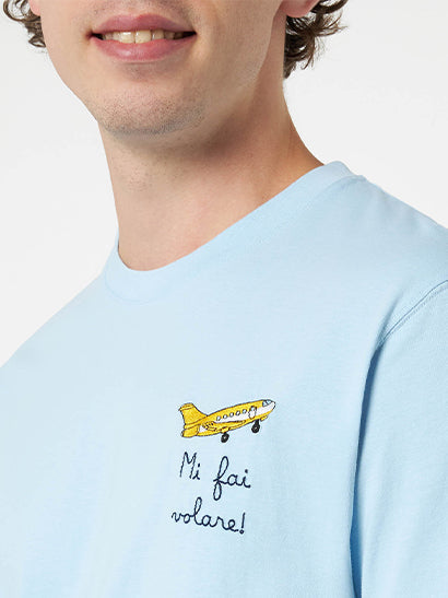 Man Classic Fit Cotton Jersey T-Shirt Portofino With Mi Fai Volare Embroidery Sky