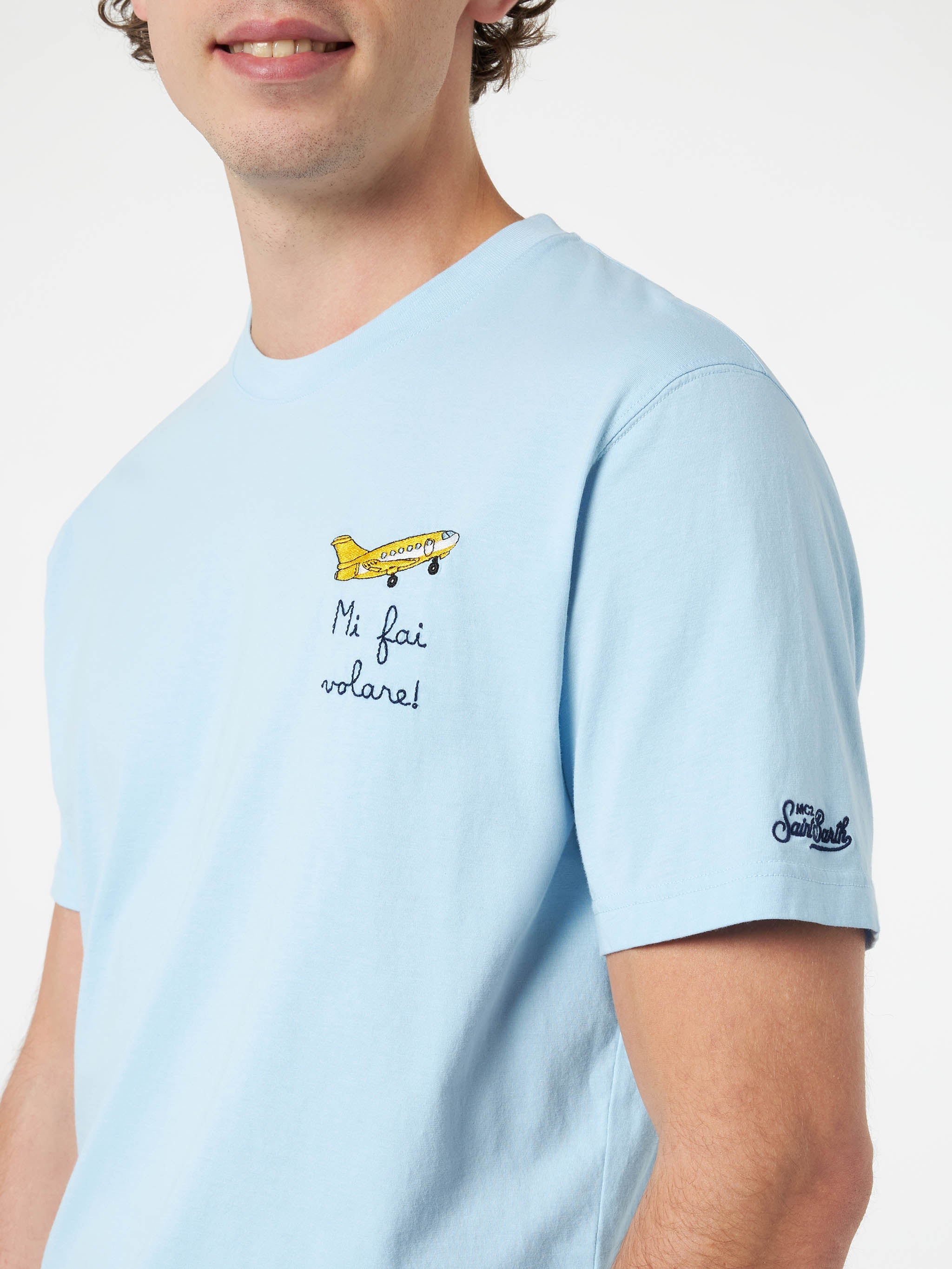 Man Classic Fit Cotton Jersey T-Shirt Portofino With Mi Fai Volare Embroidery Sky