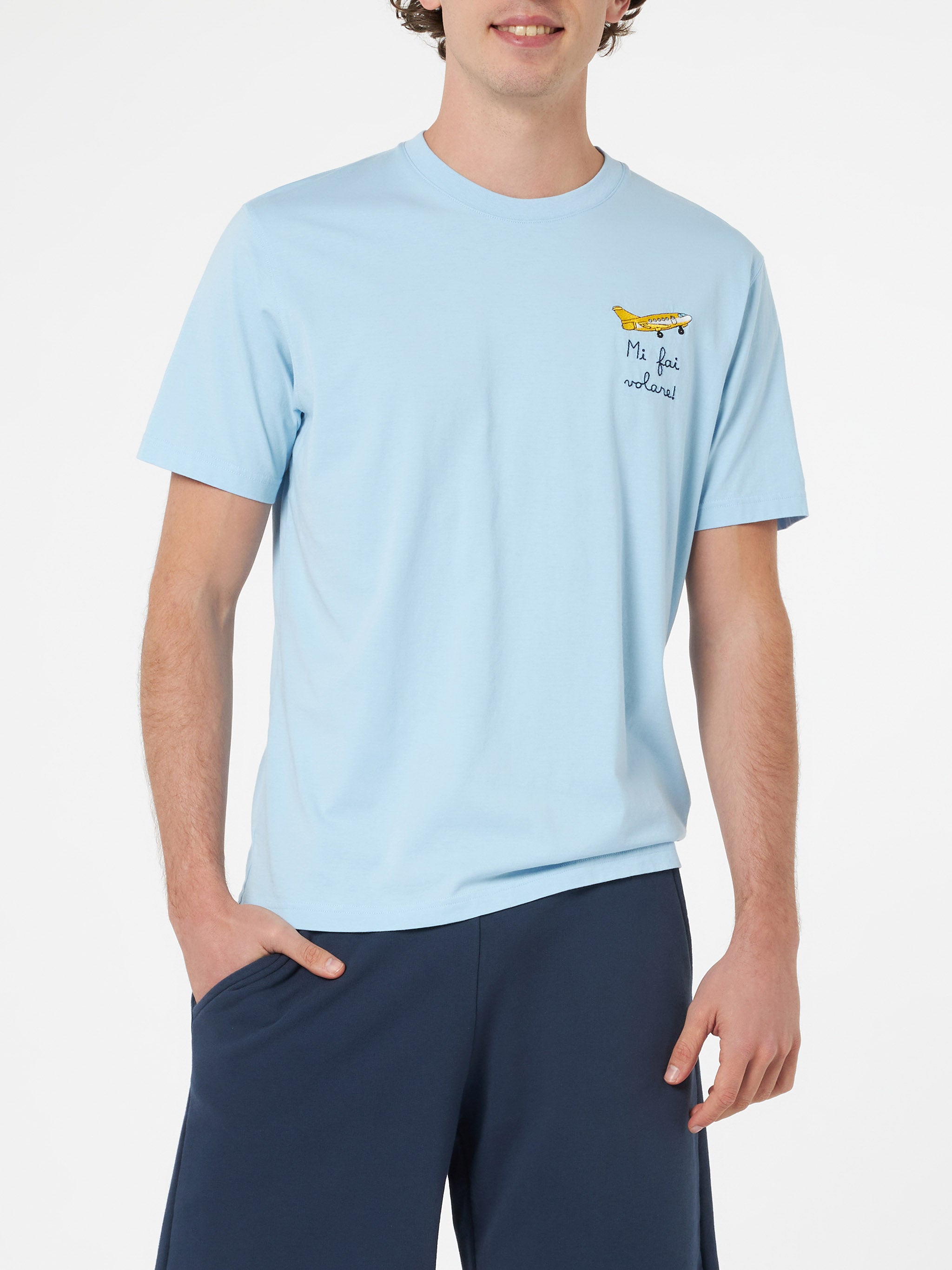 Man Classic Fit Cotton Jersey T-Shirt Portofino With Mi Fai Volare Embroidery Sky