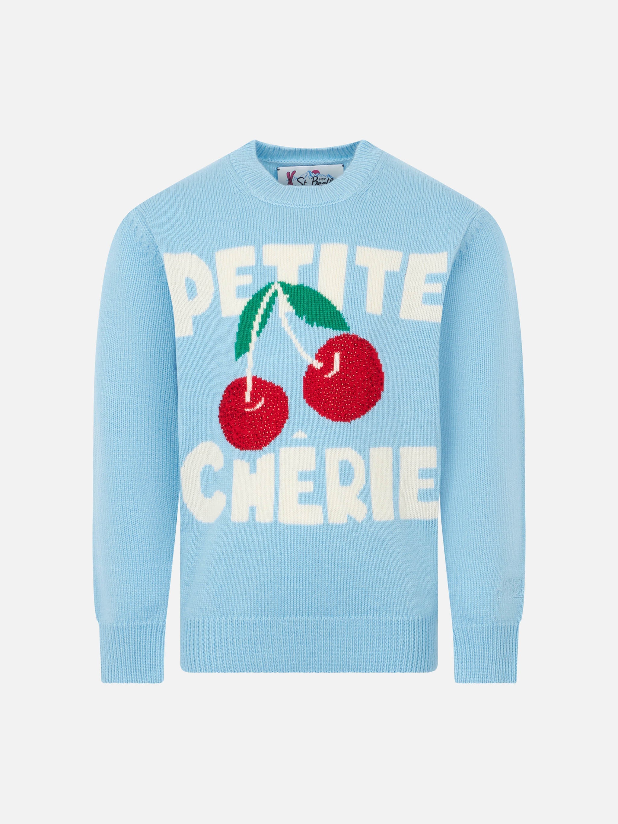 Girl Crewneck Sweater With Cherries Rhinestones Print Sky