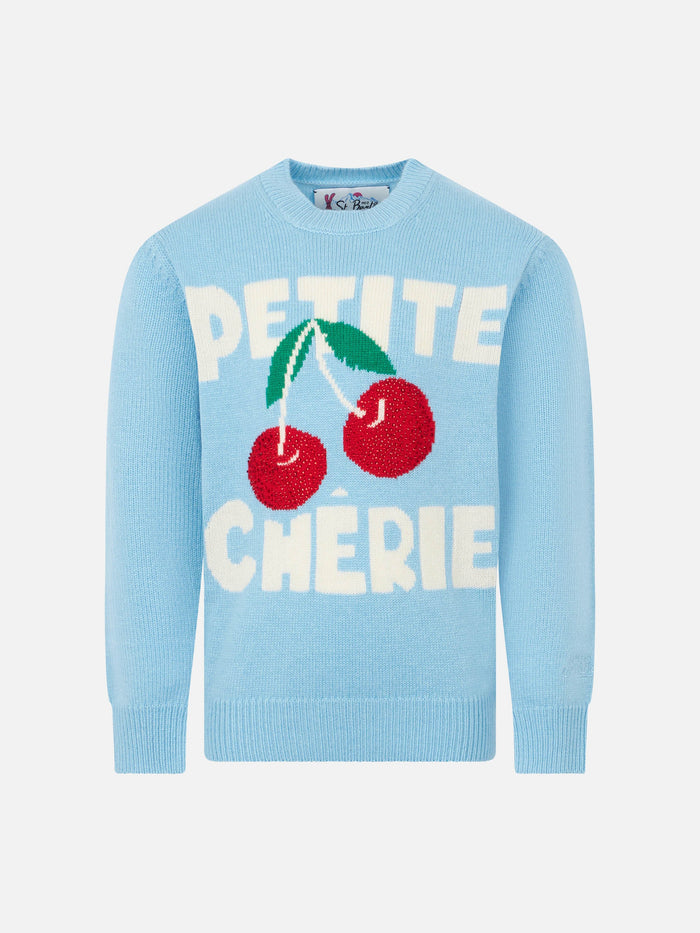 Girl Crewneck Sweater With Cherries Rhinestones Print Sky