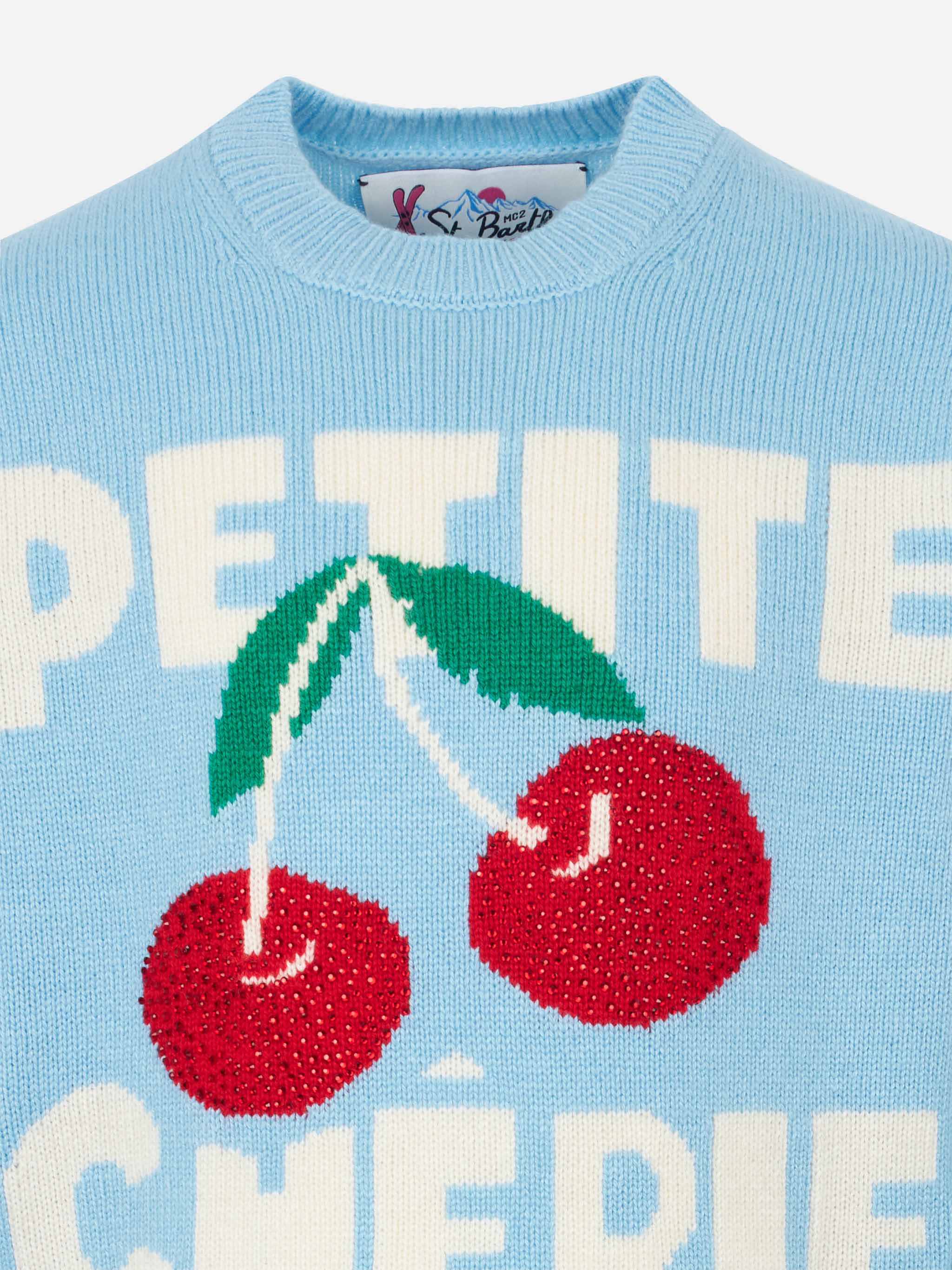 Girl Crewneck Sweater With Cherries Rhinestones Print Sky