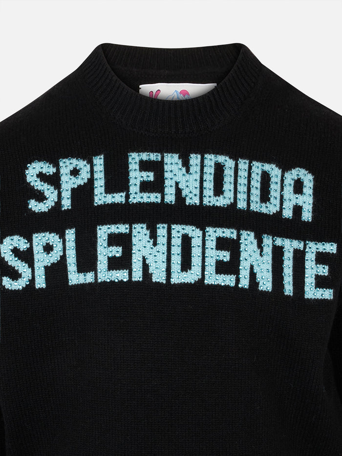 Crewneck Black Sweater With Splendida Splendente Rhinestones Print