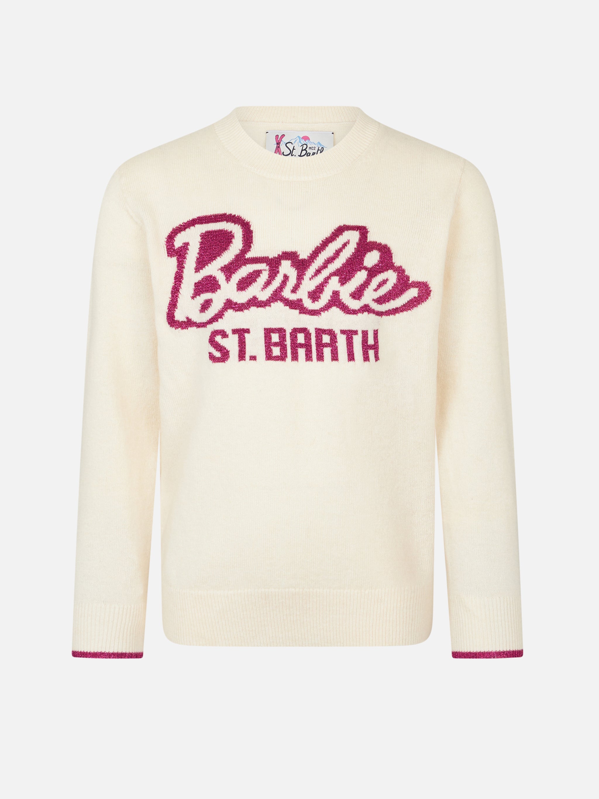 Girl Crewneck White Sweater With Barbie Jacquard | Special Edition
