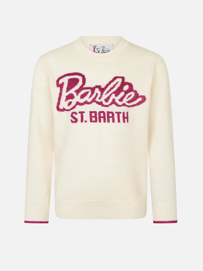 Girl Crewneck White Sweater With Barbie Jacquard | Special Edition