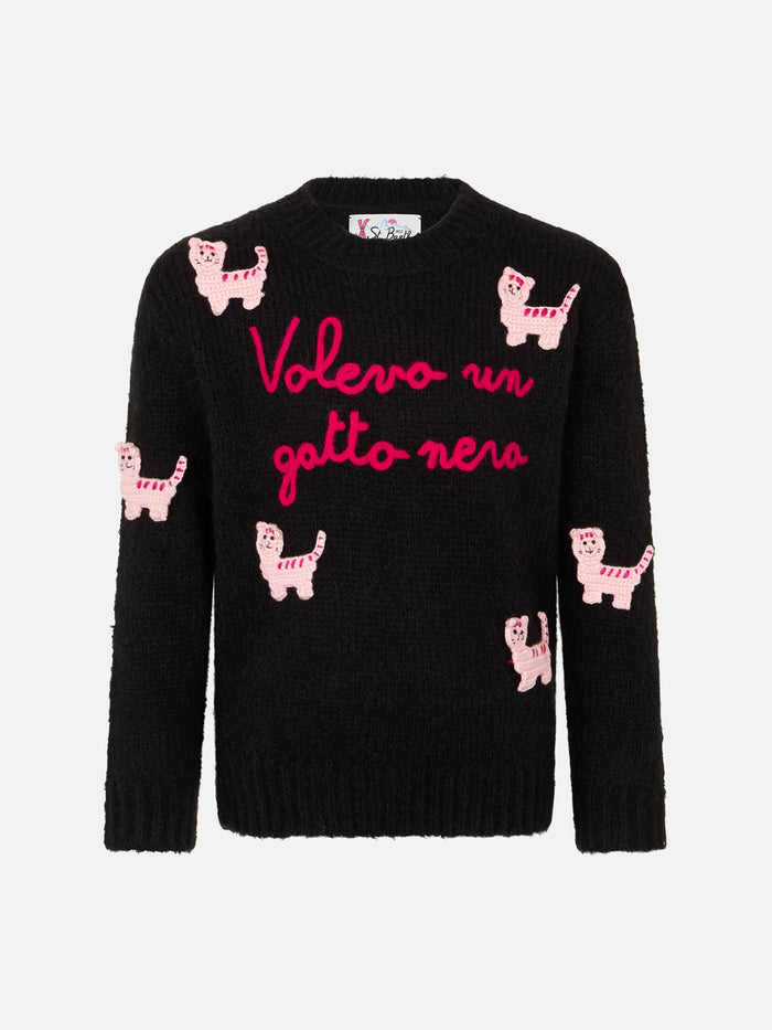 Girl Crewneck Soft Sweater With Cats Crochet Patch And Volevo Un Gatto Nero Embroidery Black
