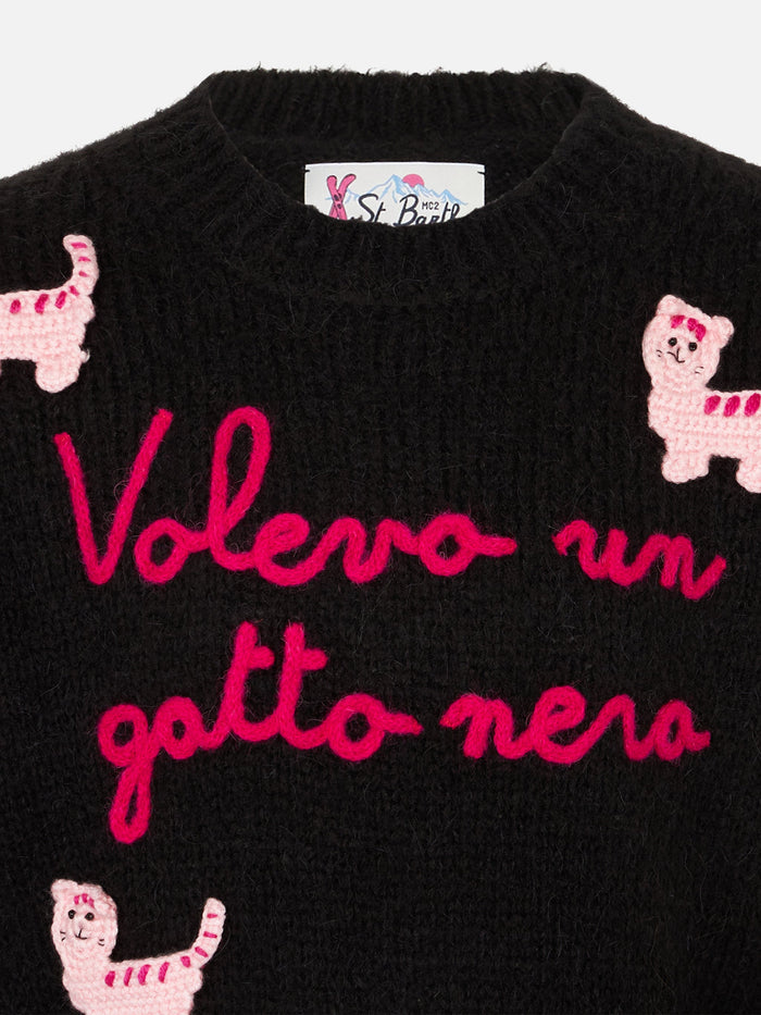 Girl Crewneck Soft Sweater With Cats Crochet Patch And Volevo Un Gatto Nero Embroidery Black