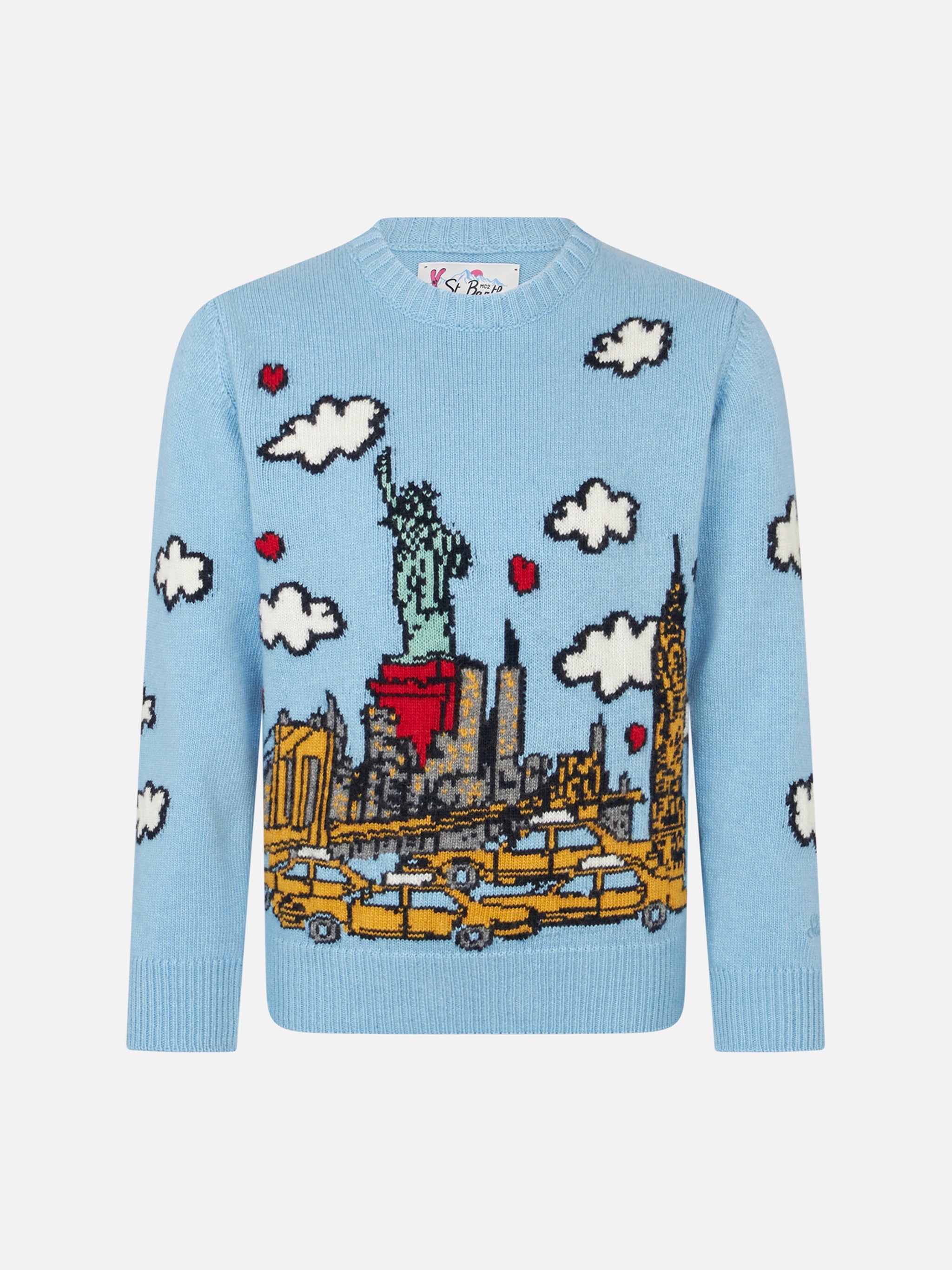Girl Crewneck Sweater With New York Postcard Blue