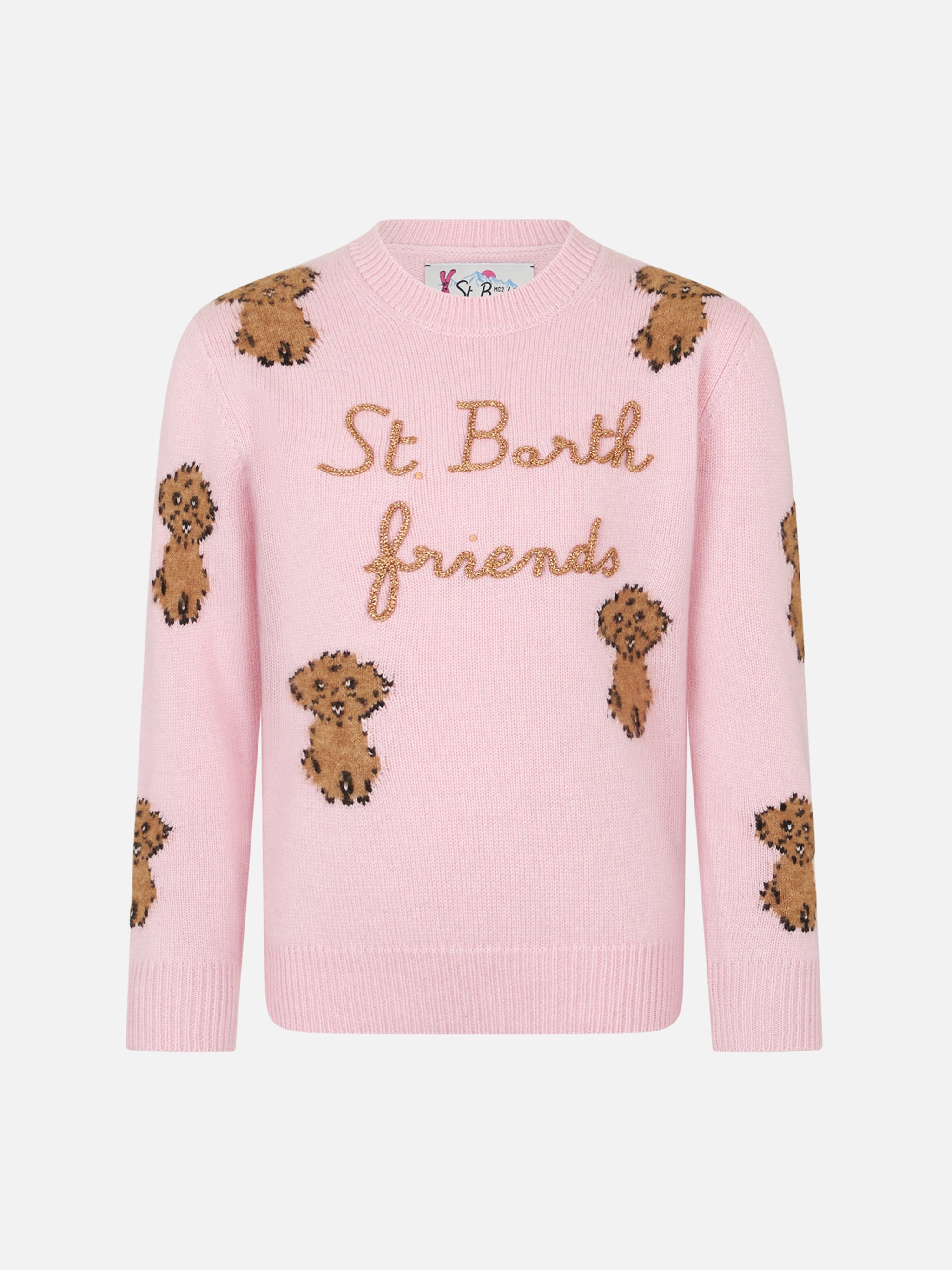 Girl Crewneck Soft Ribbed Sweater With St. Barth Friends Embroidery Pink