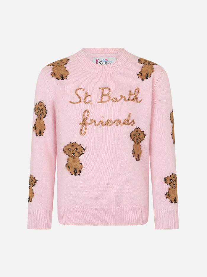 Girl Crewneck Soft Ribbed Sweater With St. Barth Friends Embroidery Pink