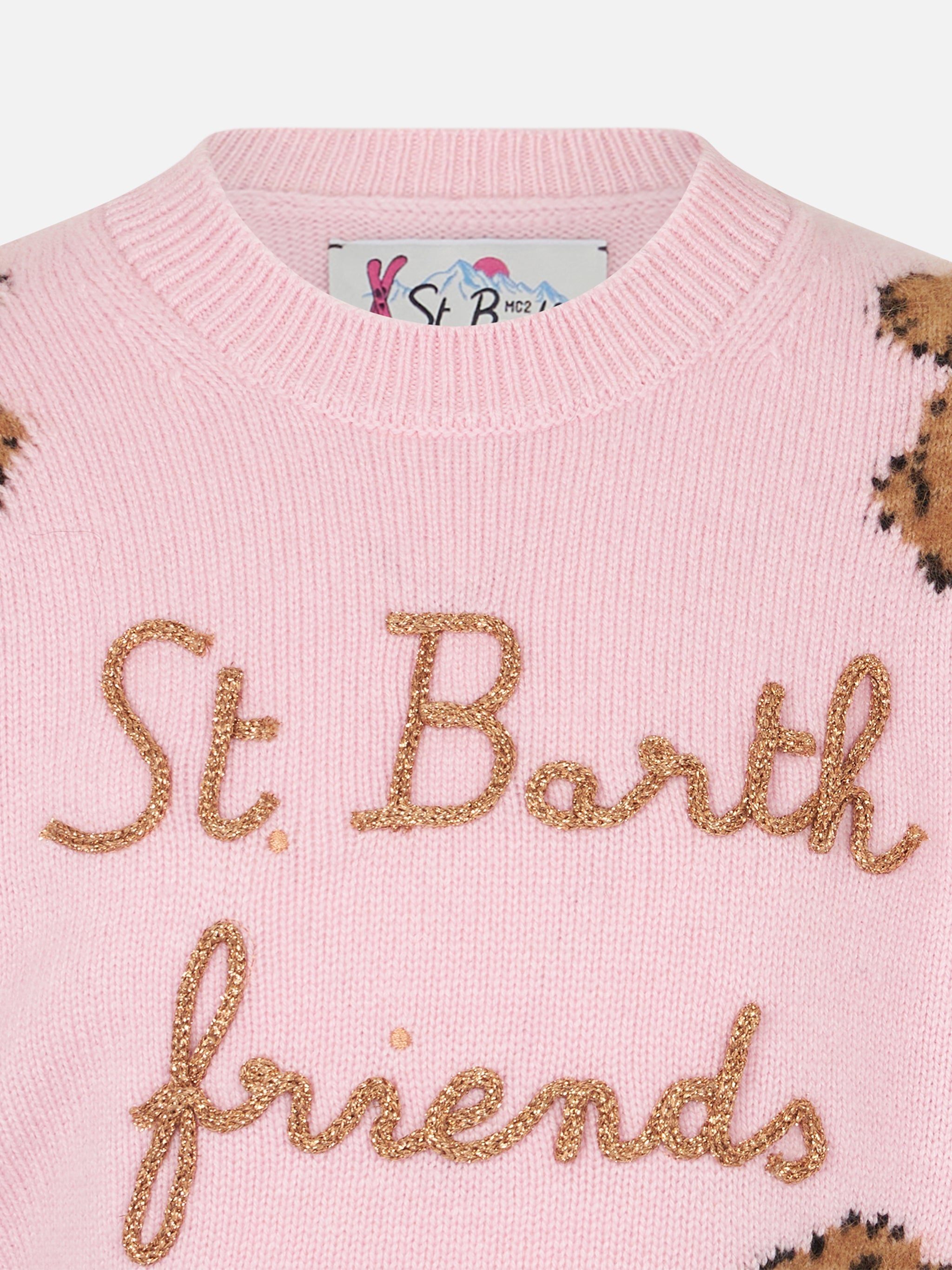 Girl Crewneck Soft Ribbed Sweater With St. Barth Friends Embroidery Pink