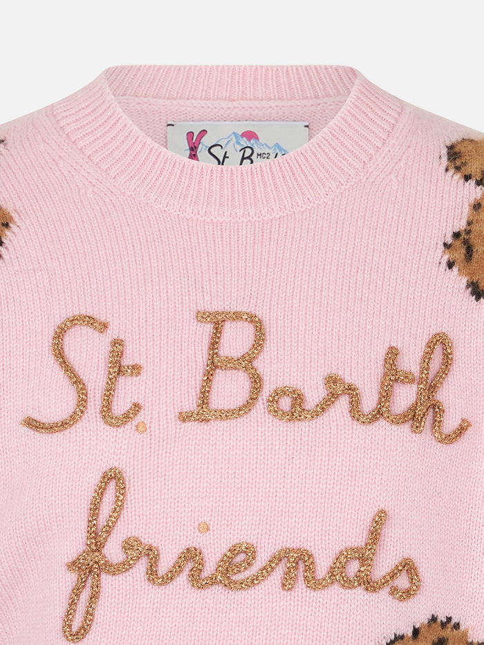 Girl Crewneck Soft Ribbed Sweater With St. Barth Friends Embroidery Pink
