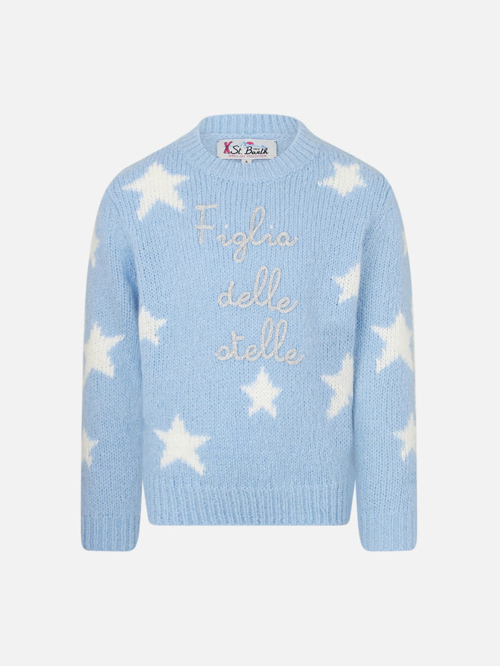 Crewneck Soft Sweater With Stars And Figlia Delle Stelle Embroidery Sky