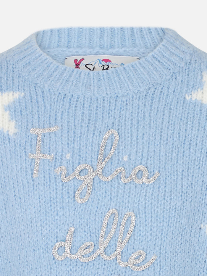 Crewneck Soft Sweater With Stars And Figlia Delle Stelle Embroidery Sky
