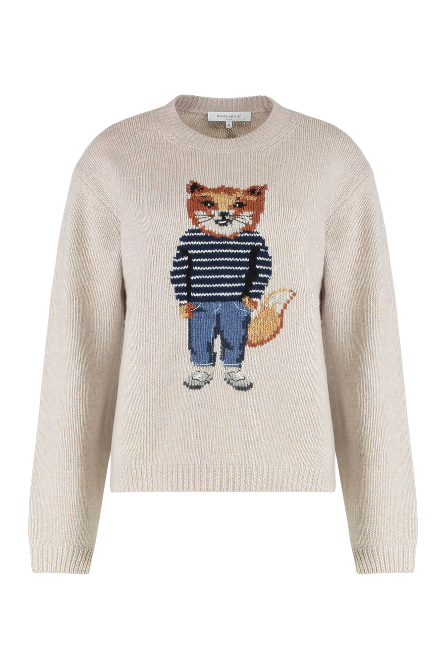 Round-Neck Wool Sweater With Fox Motif Sand