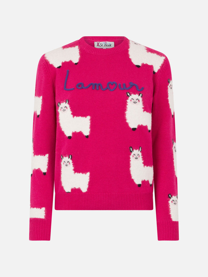 New Queen Fuchsia Alpaca Blend Sweater With L Amour Embroidery Pink