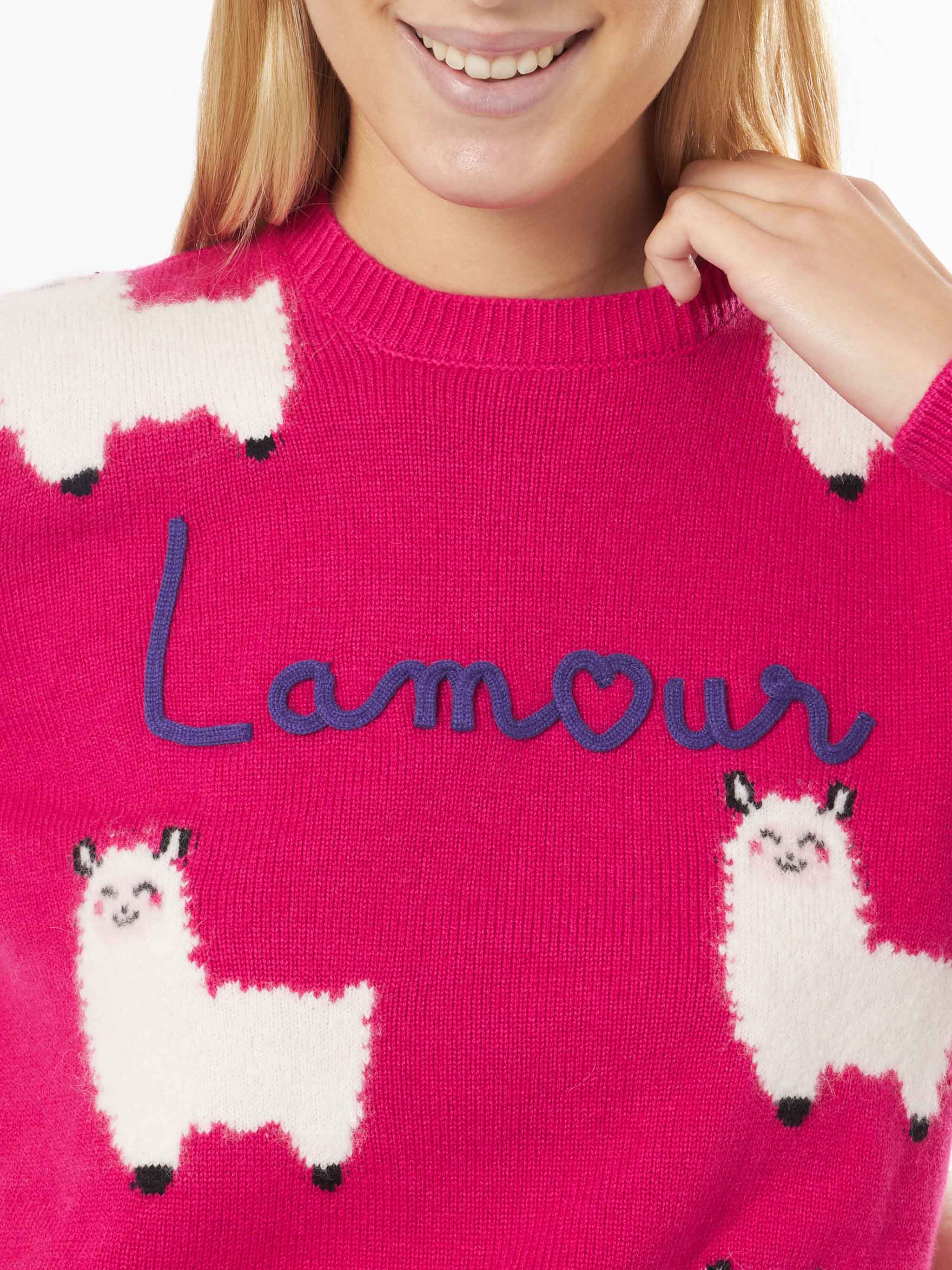 New Queen Fuchsia Alpaca Blend Sweater With L Amour Embroidery Pink