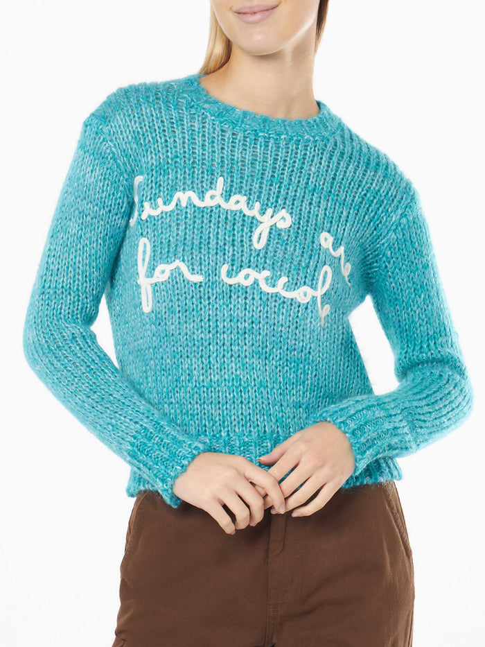 New Queen Turquoise Mouliné Yarn Crop Sweater With Embroidery Sky