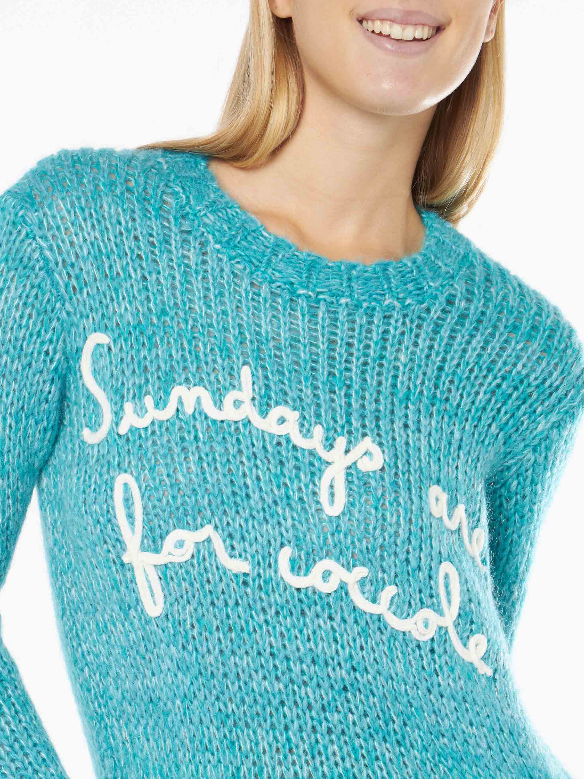 New Queen Turquoise Mouliné Yarn Crop Sweater With Embroidery Sky