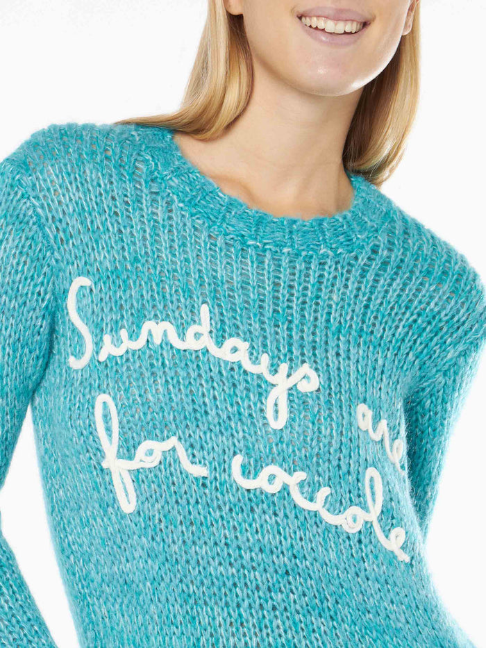 New Queen Turquoise Mouliné Yarn Crop Sweater With Embroidery Sky