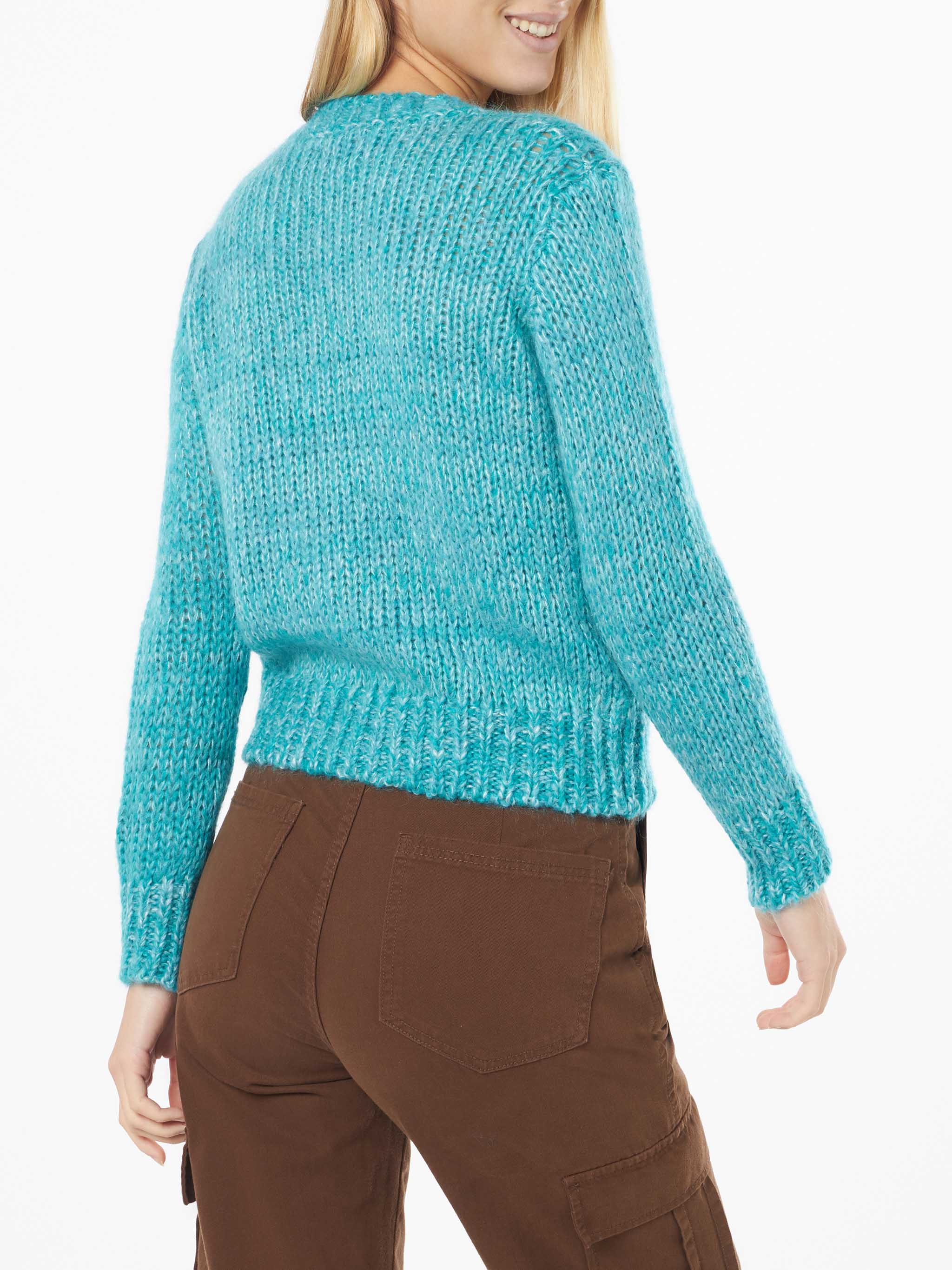 New Queen Turquoise Mouliné Yarn Crop Sweater With Embroidery Sky