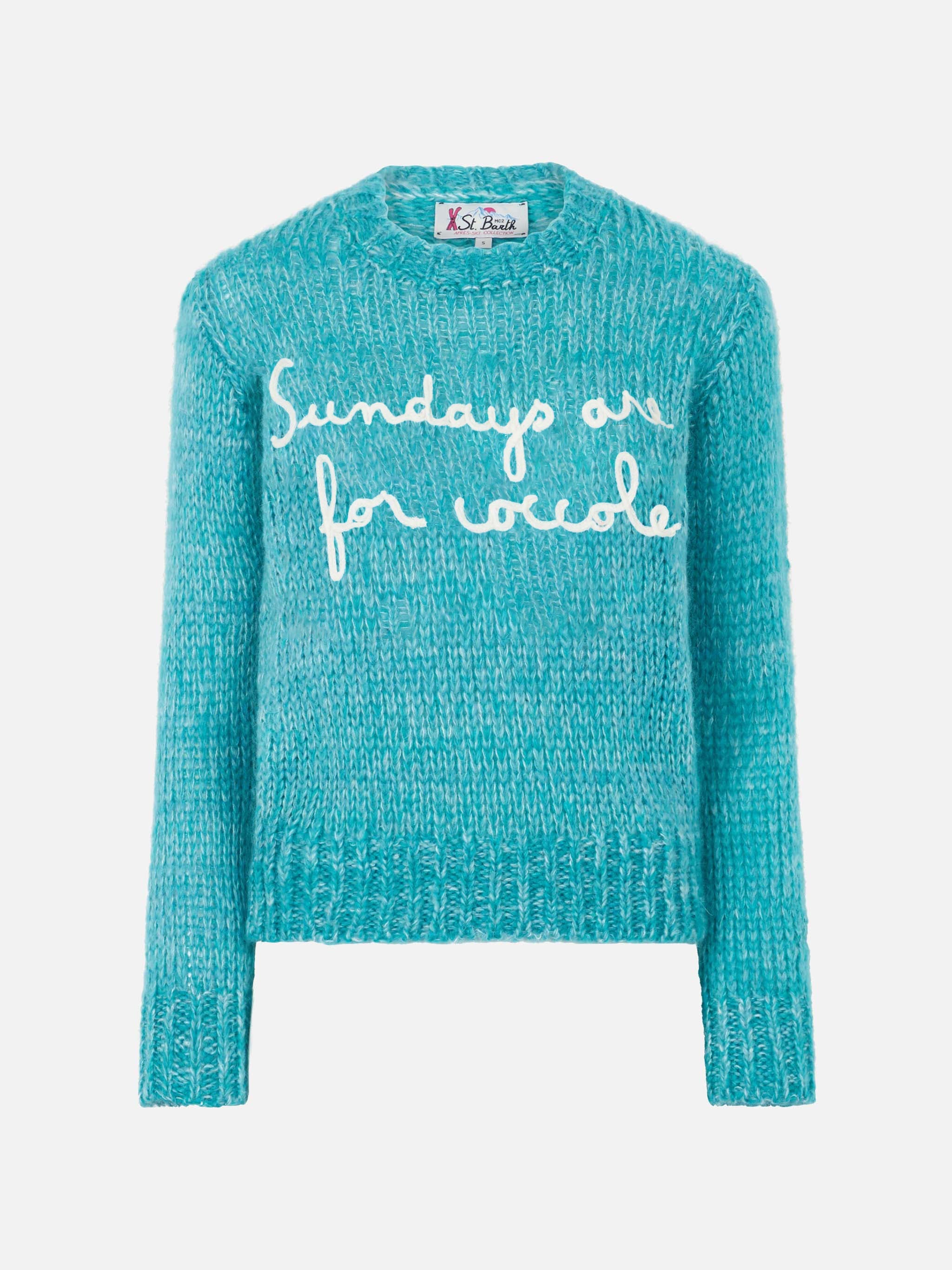 New Queen Turquoise Mouliné Yarn Crop Sweater With Embroidery Sky