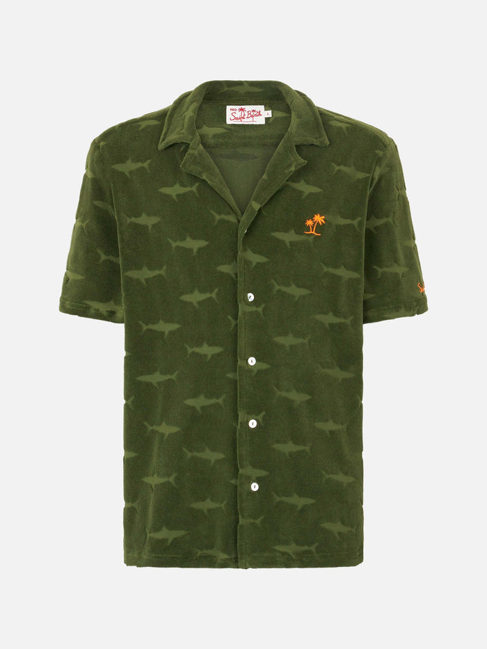Riviera Military Green Terry Shirt With Shark Pattern