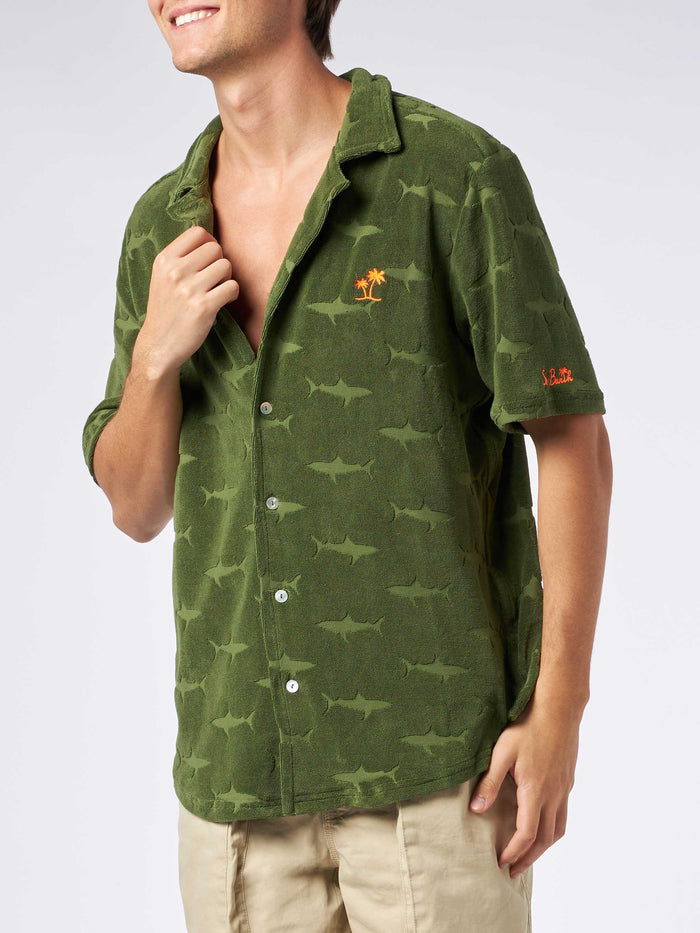 Riviera Military Green Terry Shirt With Shark Pattern