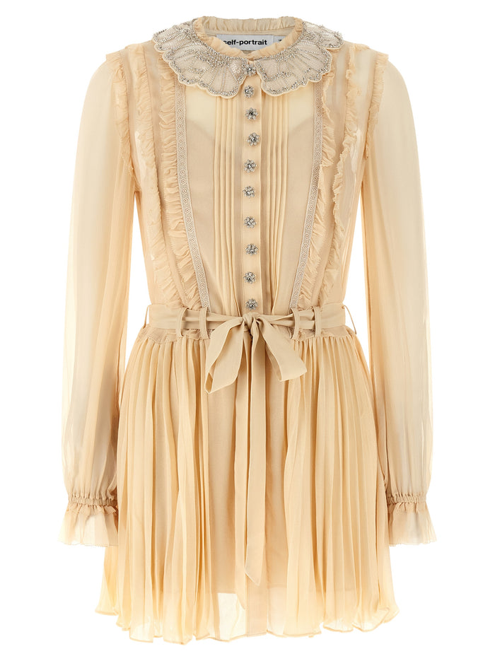 Tan Pleated Georgette Mini dress Yellow Viscose