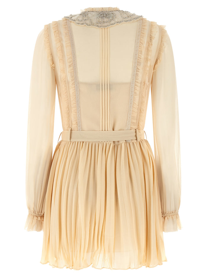 Tan Pleated Georgette Mini dress Yellow Viscose