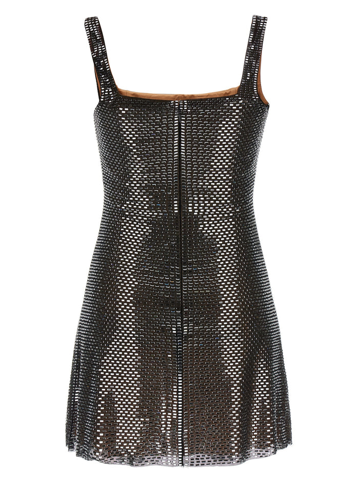 Gunmetal Rhinestone Mesh Mini Dress Gray Polyester Elastane
