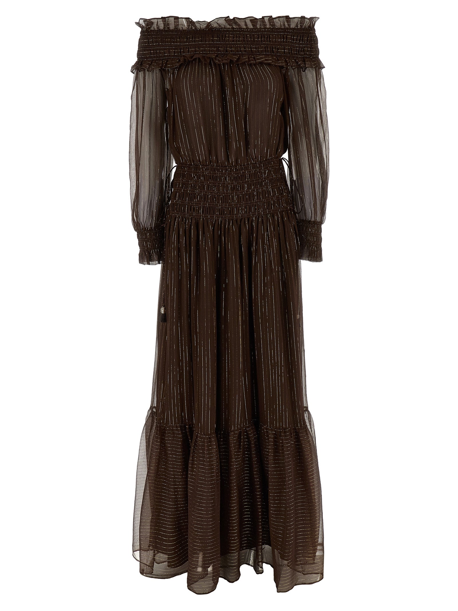 Brown Georgette Off Shoulder Maxi dress Silk Metallic
