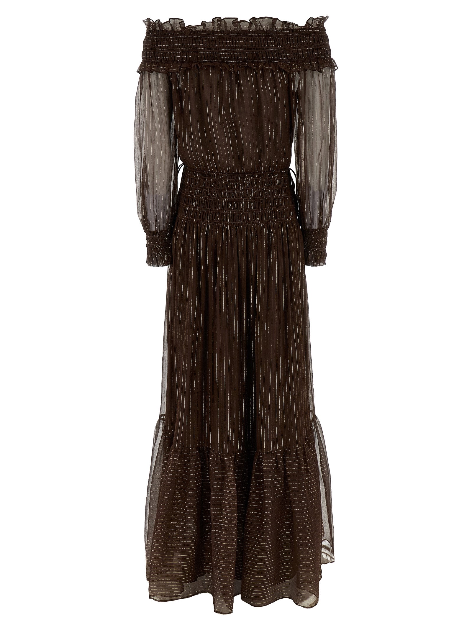 Brown Georgette Off Shoulder Maxi dress Silk Metallic