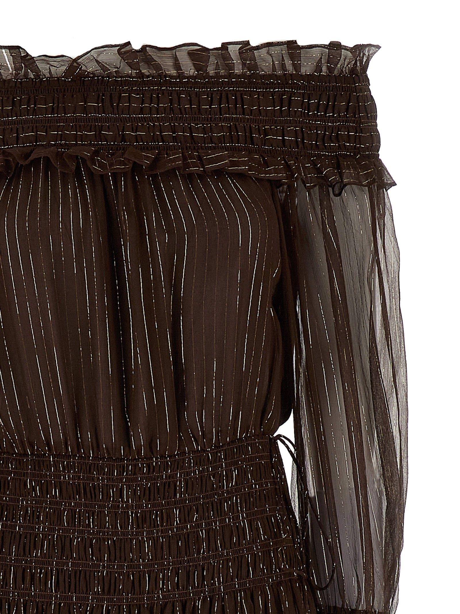 Brown Georgette Off Shoulder Maxi dress Silk Metallic