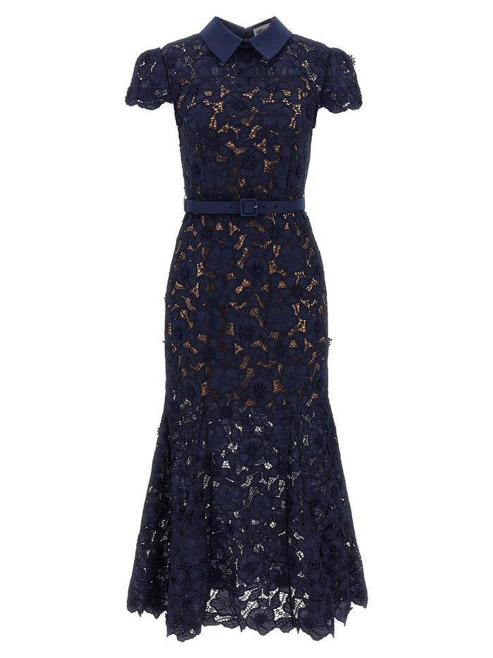 Navy Guipure Lace Midi dress Blue Polyester
